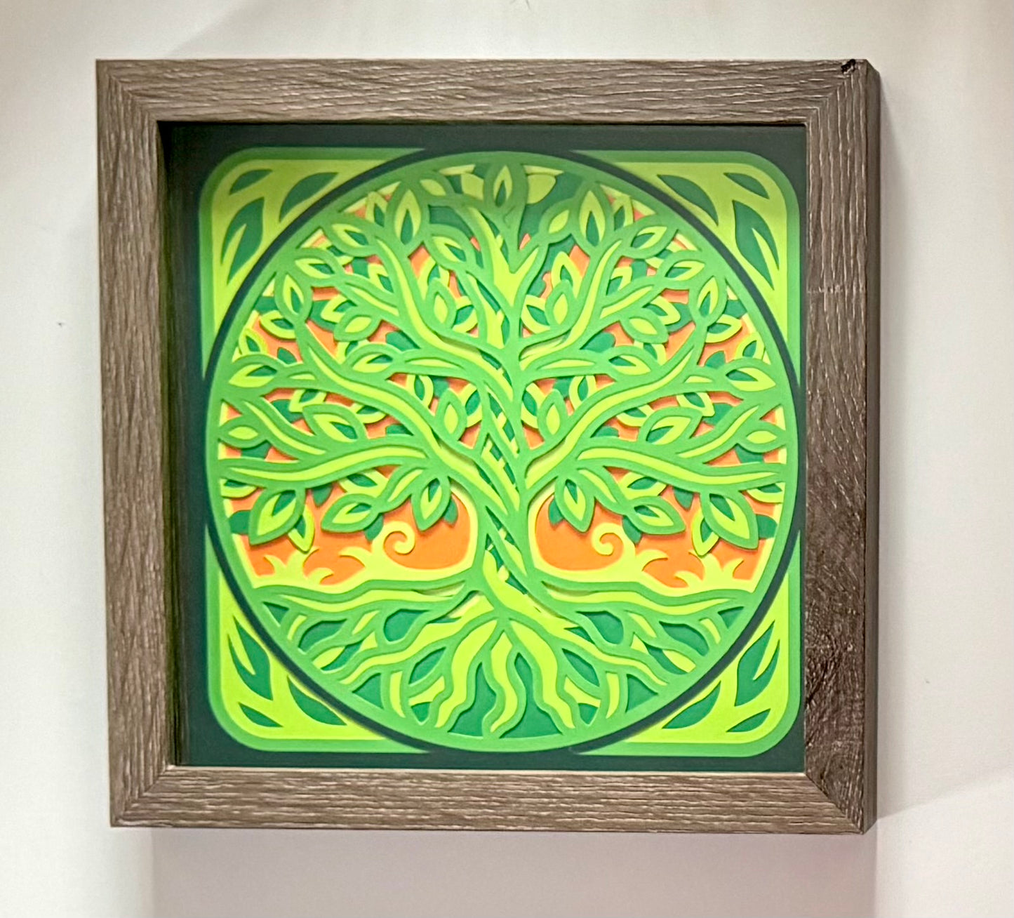 Tree of Life layered paper shadow box - 8x8 - Wood Grain Frame