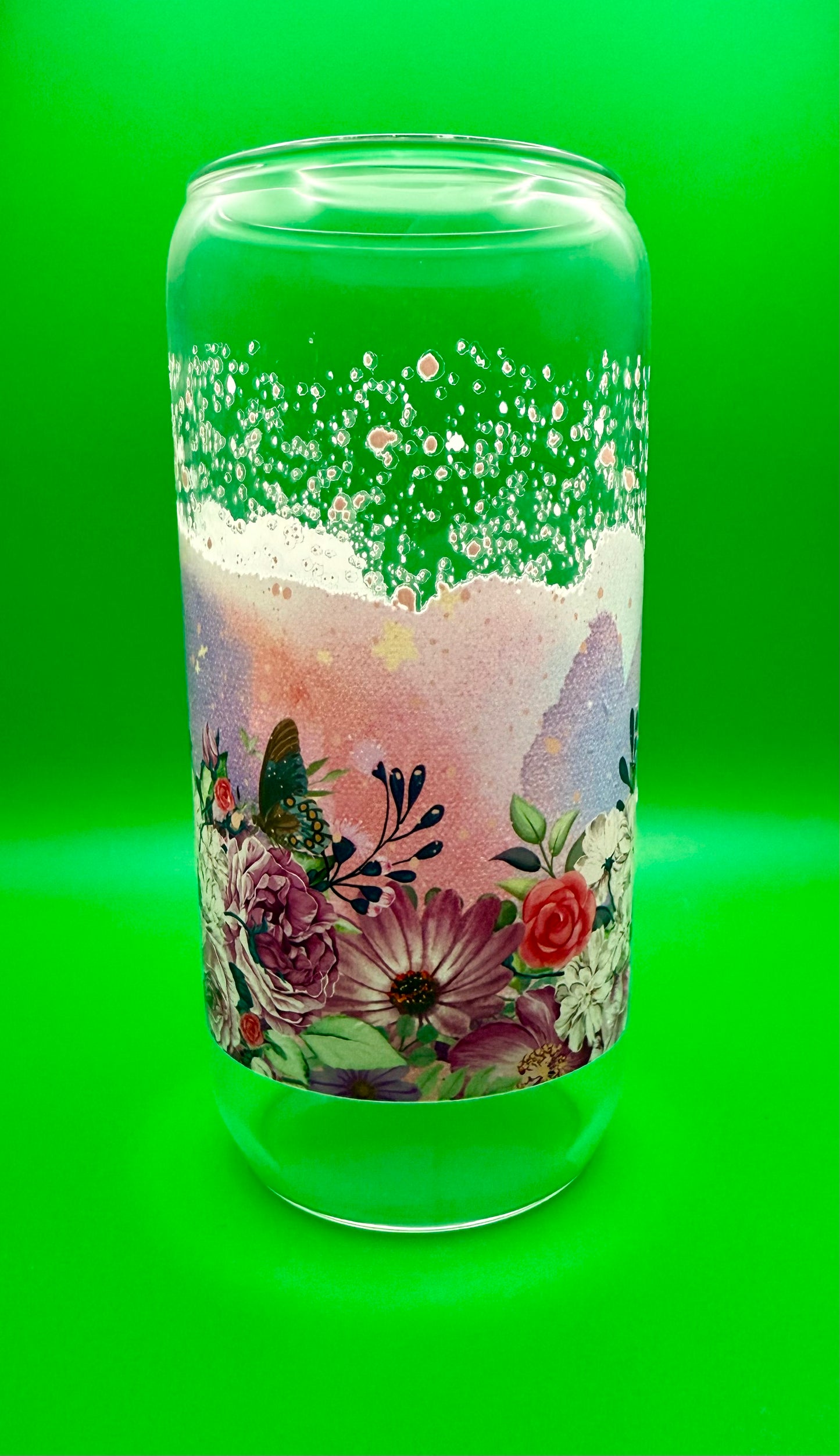 Butterfly & Flowers Glass Can – 20 oz with bamboo lid and stainless steel straw