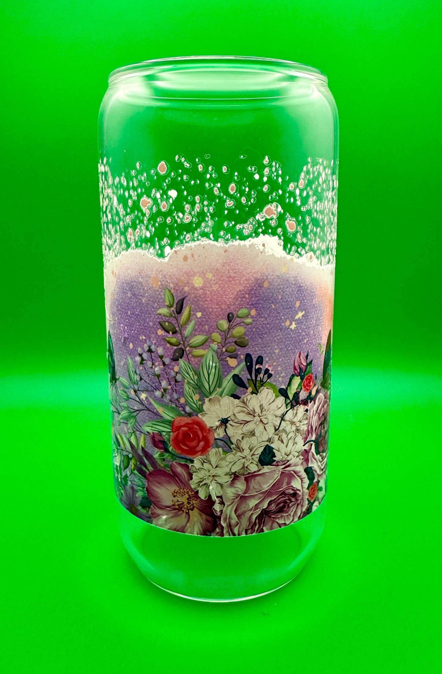 Butterfly & Flowers Glass Can – 20 oz with bamboo lid and stainless steel straw