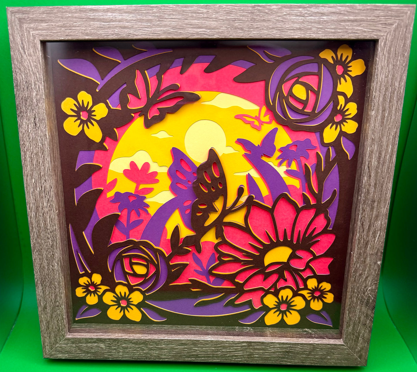 Butterflies & Flowers layered paper shadow box - 8x8 - Natural Frame