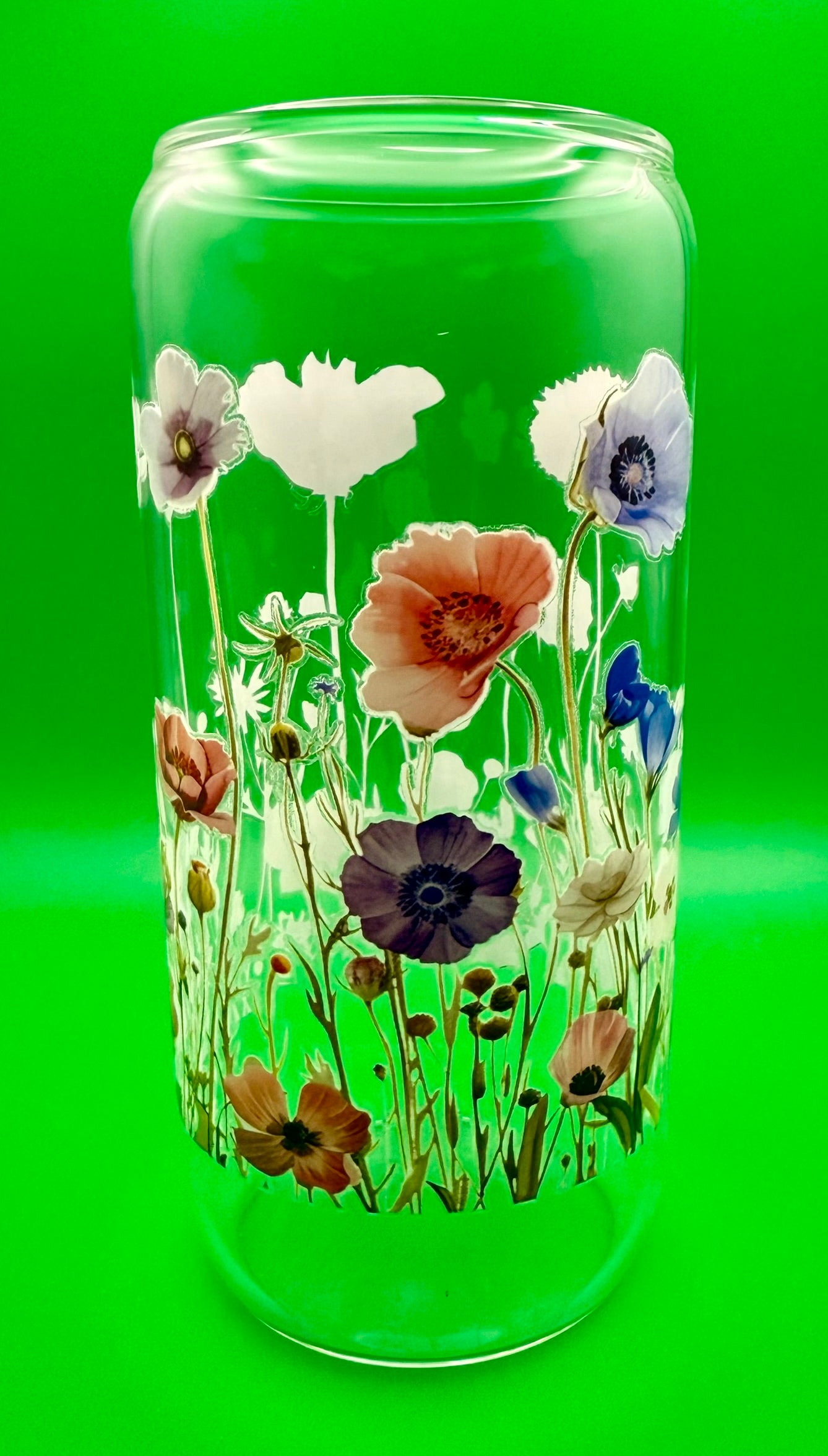 Wildflowers Glass Can with Bamboo Lid & Stainless Steel Straw