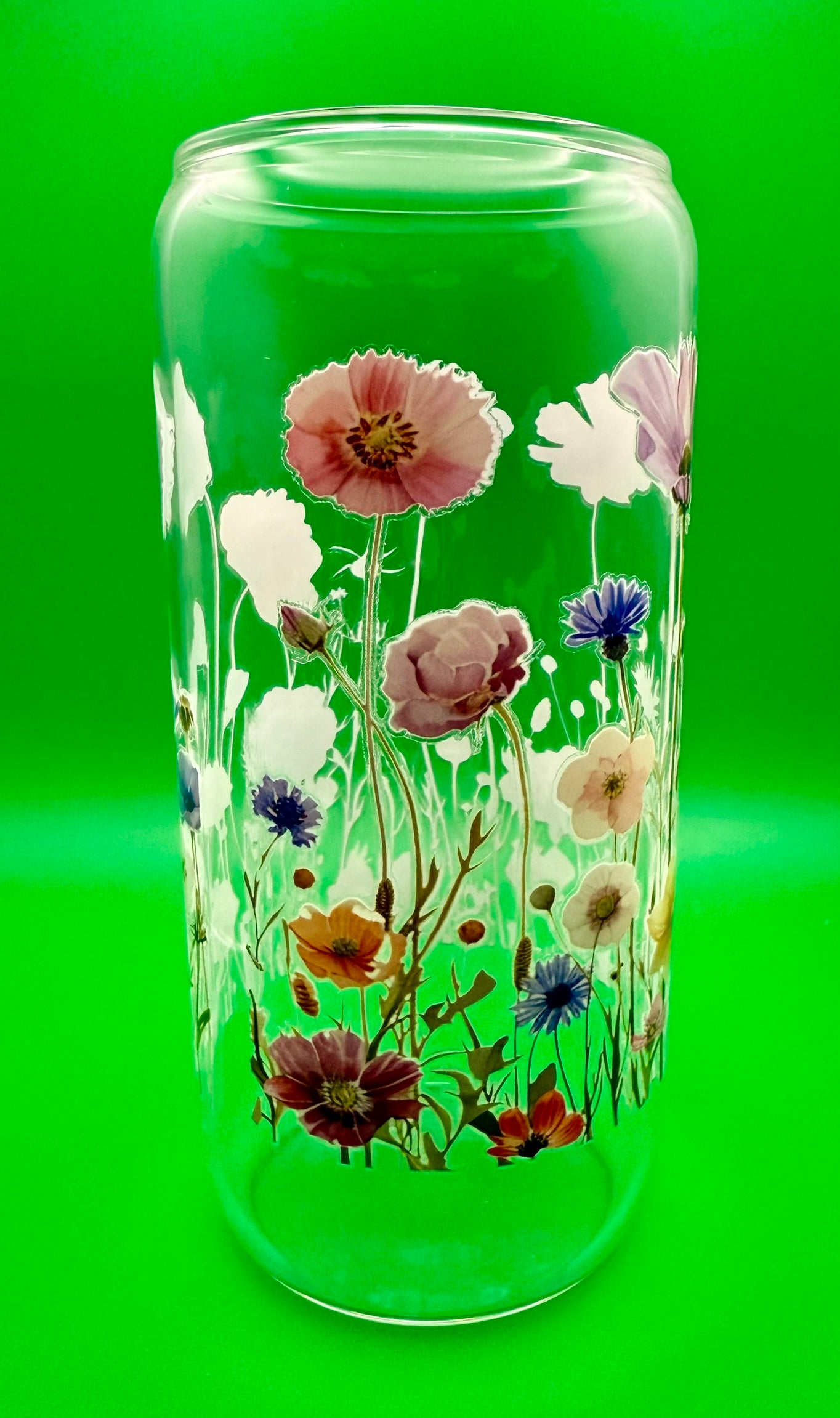 Wildflowers Glass Can with Bamboo Lid & Stainless Steel Straw