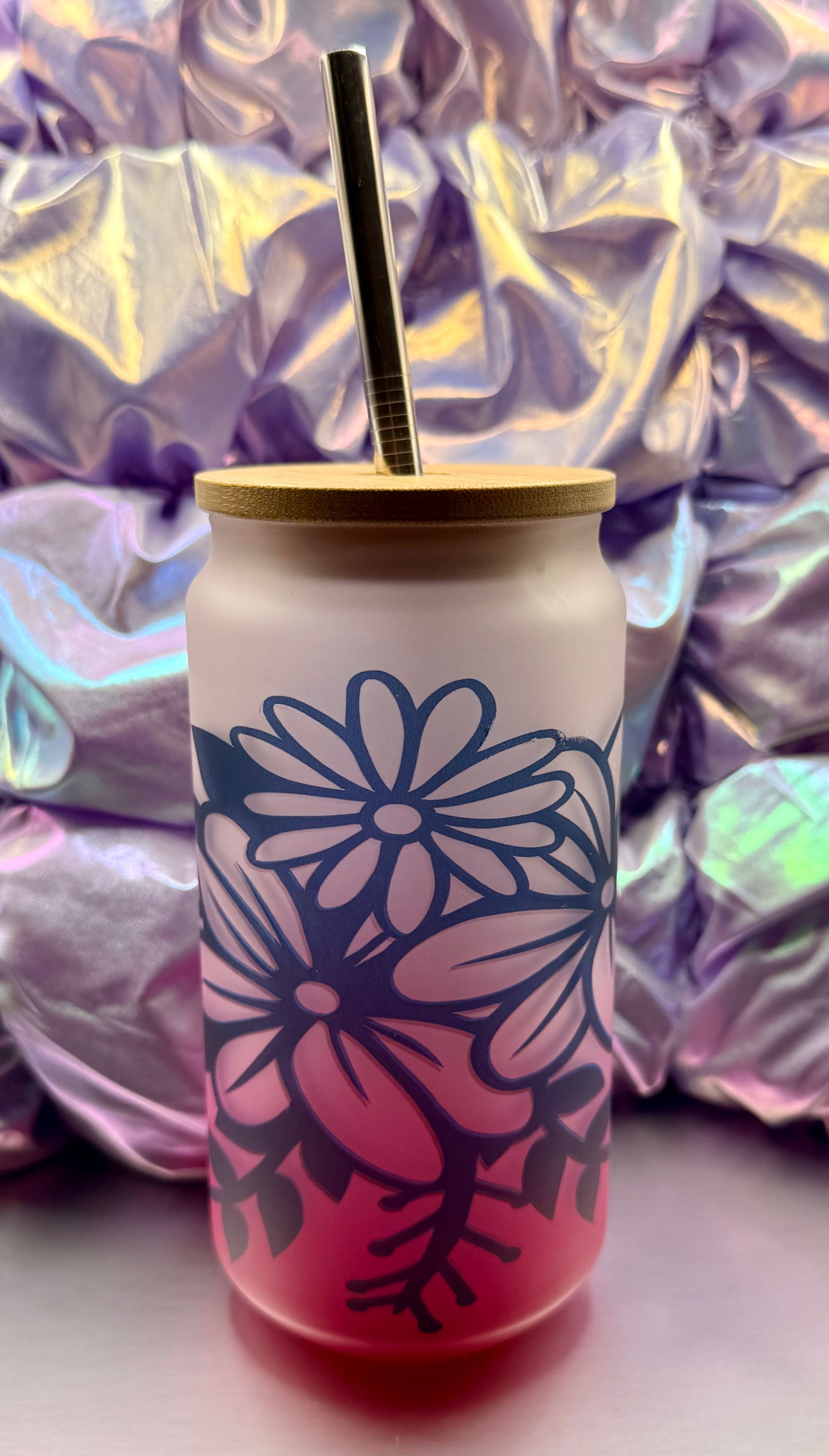 Pink Ombre Glass Can with Purple Flowers – 16oz
