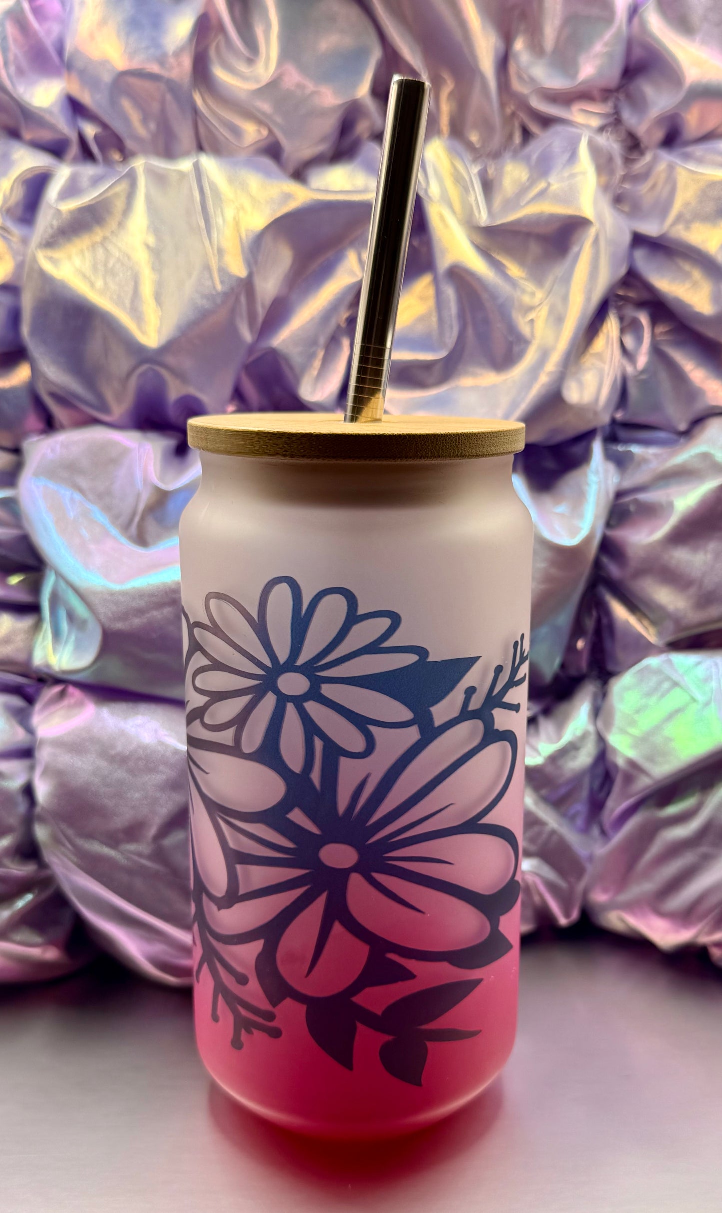 Pink Ombre Glass Can with Purple Flowers – 16oz