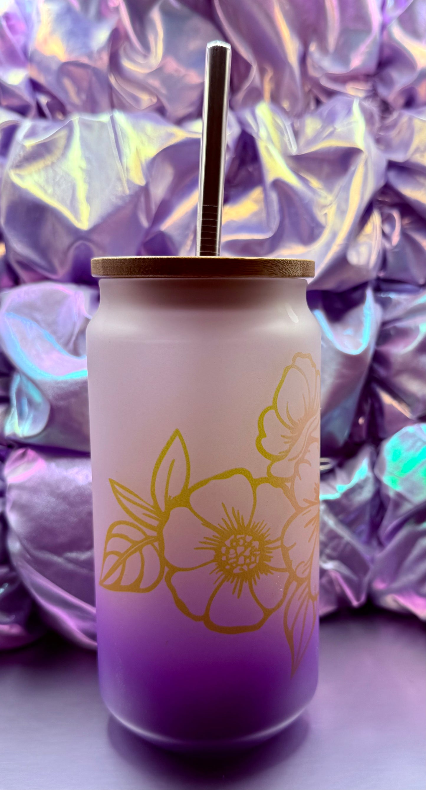 Purple Ombre Glass Can w/Yellow Flowers - 16oz