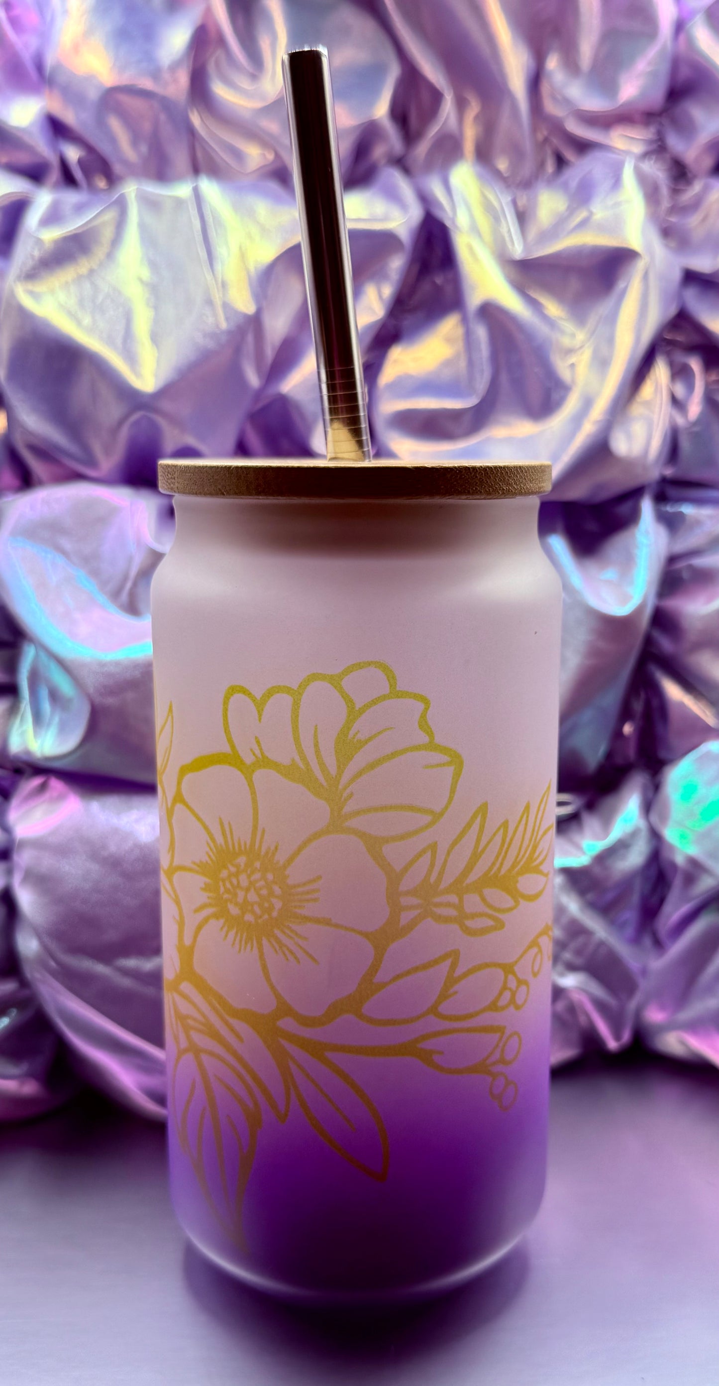 Purple Ombre Glass Can w/Yellow Flowers - 16oz