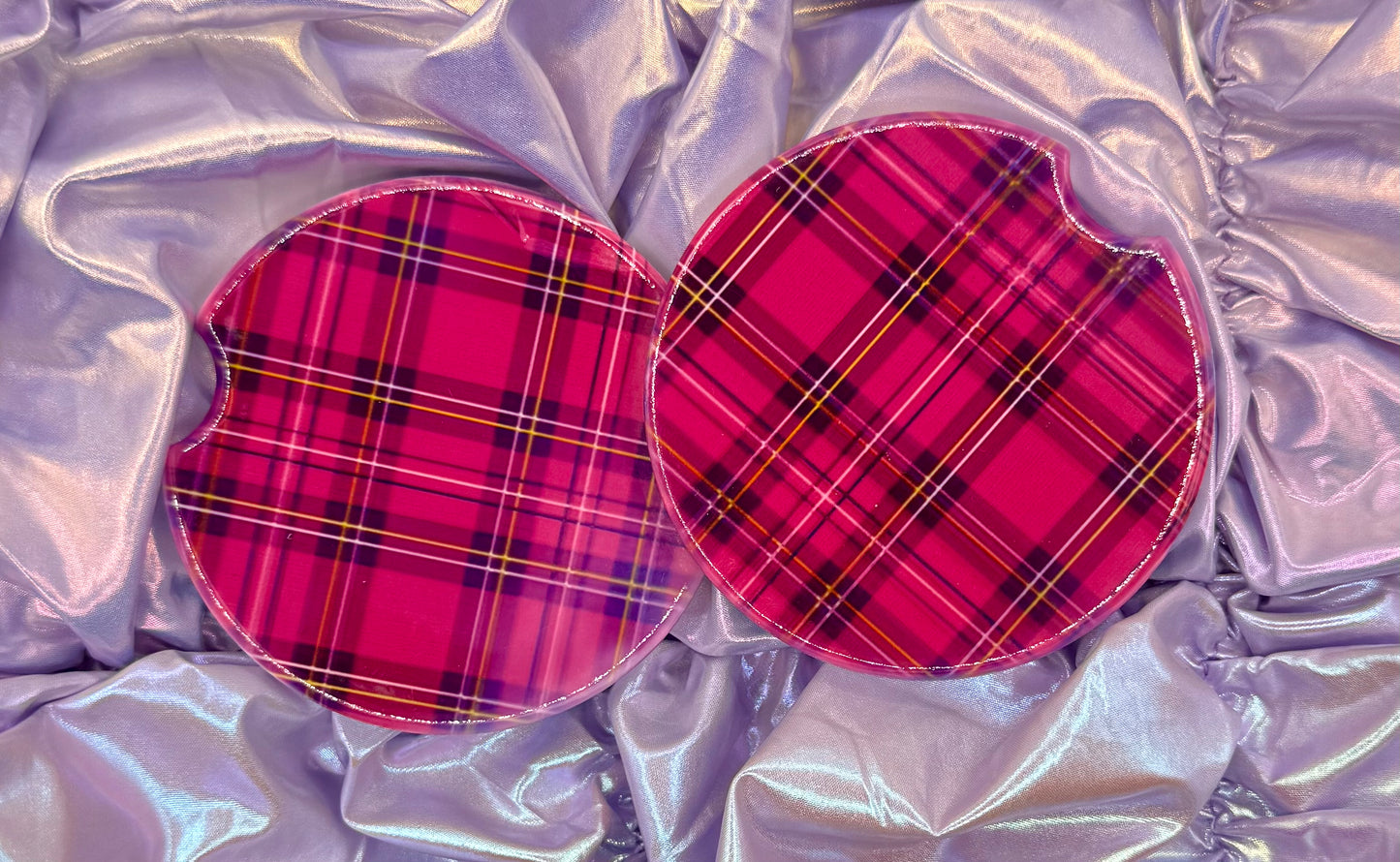 Fuschia Plaid Ceramic Car Coasters - (Set of 2)