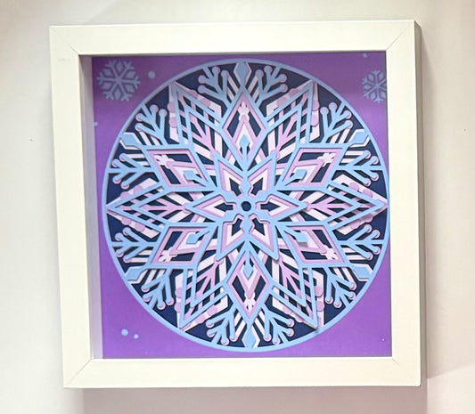 Mandala Snowflake layered paper shadow box - 8x8 - White Frame