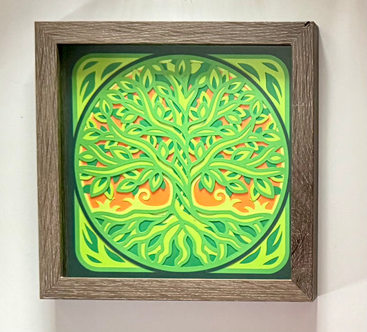 Tree of Life layered paper shadow box - 8x8 - Wood Grain Frame