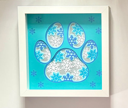 Snowflake Dog Paw layered paper shadow box - 8x8 - White Frame