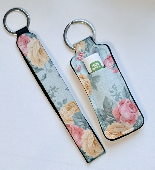 Cream/Pink Roses Wristlet and Lip Balm Holder set (flavored lip balm included)