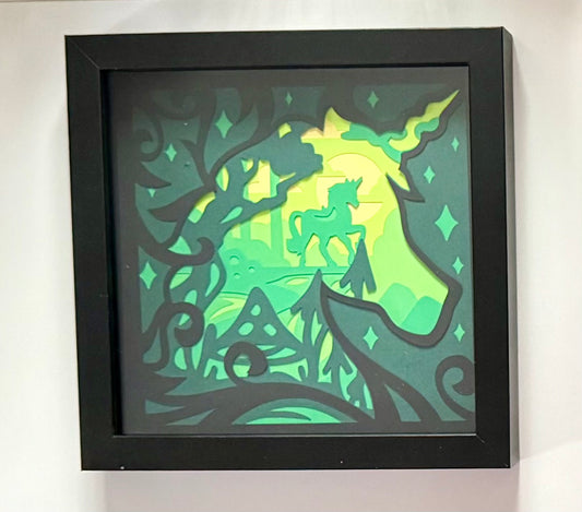 Fantasy Unicorn layered paper shadow box - 8x8 - Black Frame