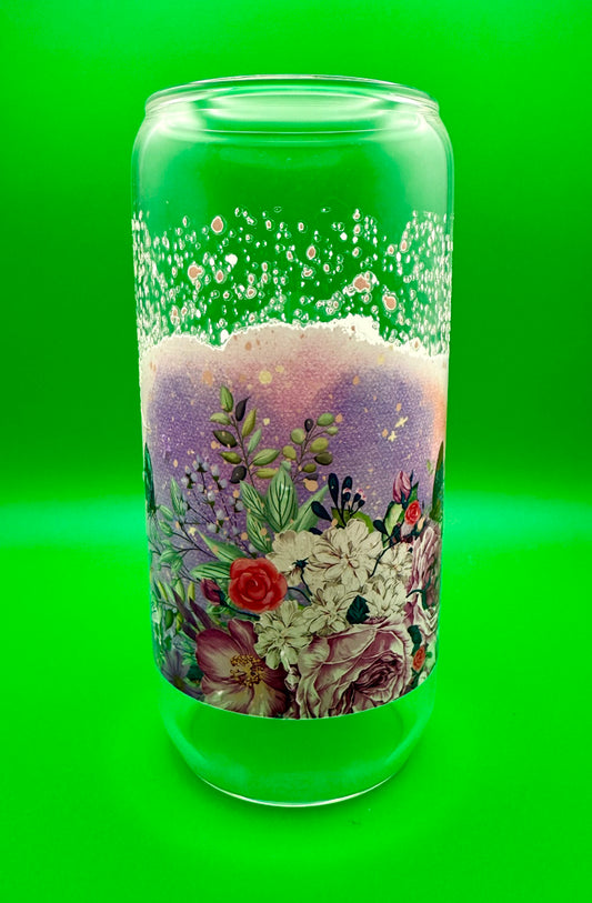 Butterfly & Flowers Glass Can – 20 oz with bamboo lid and stainless steel straw