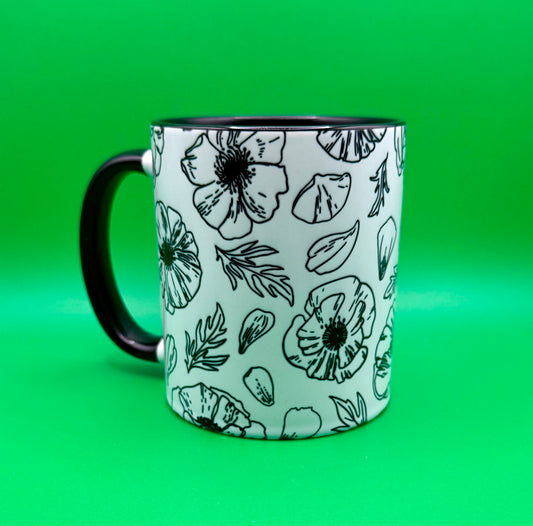 Black & White Floral Mug, 12oz