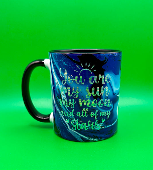 “You Are My Sun, My Moon, and All of My Stars” Blue Marbled Mug – 12 oz