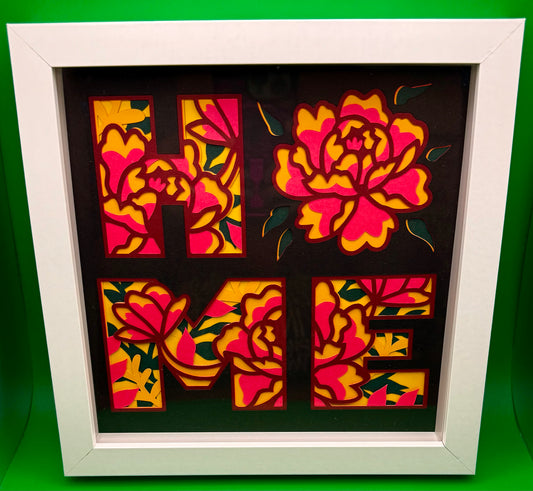 Home (Floral) layered paper shadow box - 8x8 - White Frame