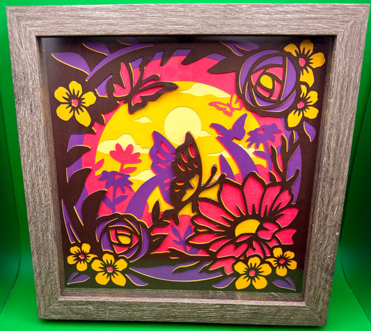 Butterflies & Flowers layered paper shadow box - 8x8 - Natural Frame