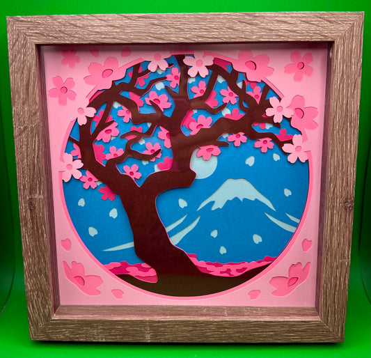 Cherry Blossoms layered paper shadow box - 8x8 - Natural Frame