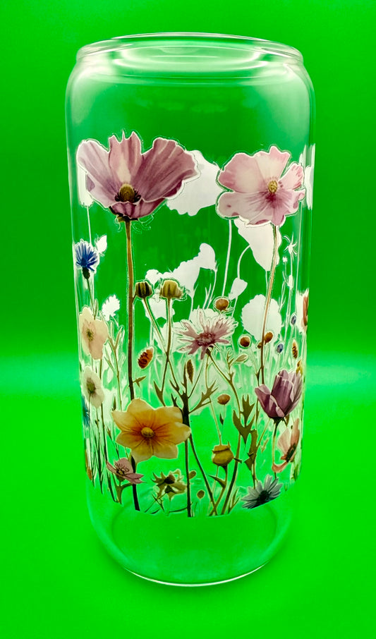 Wildflowers Glass Can with Bamboo Lid & Stainless Steel Straw