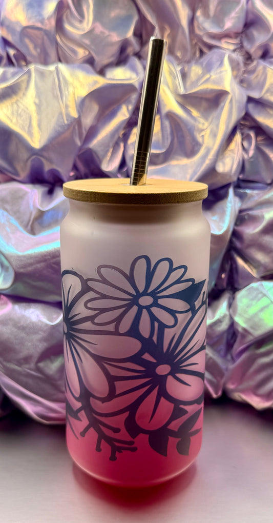 Pink Ombre Glass Can with Purple Flowers – 16oz
