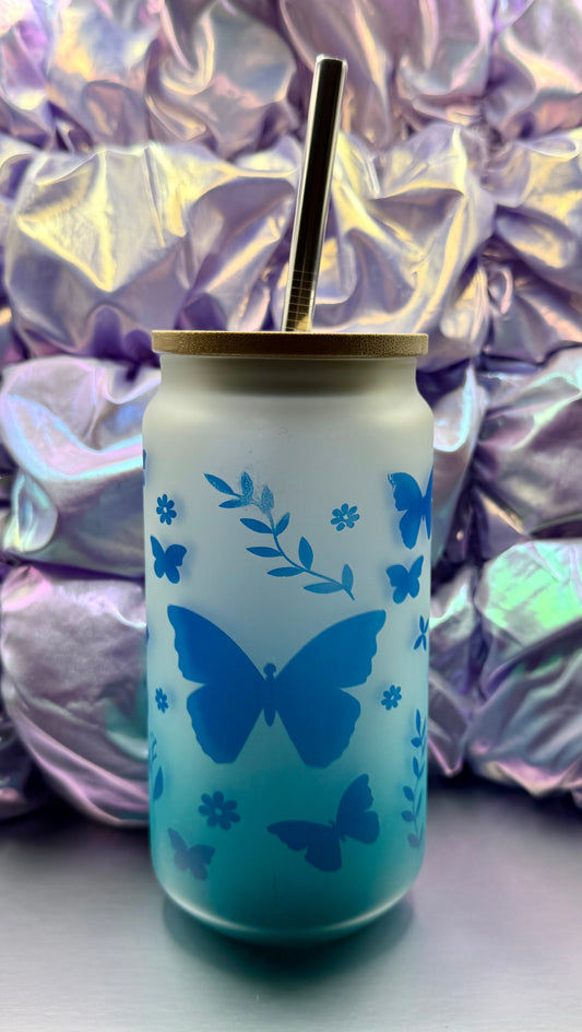 Teal Ombre Glass Can with Blue Butterflies – 16oz