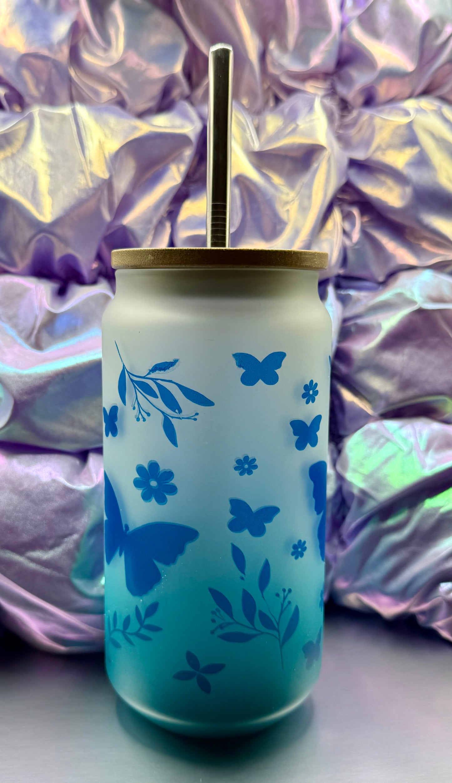 Teal Ombre Glass Can with Blue Butterflies – 16oz