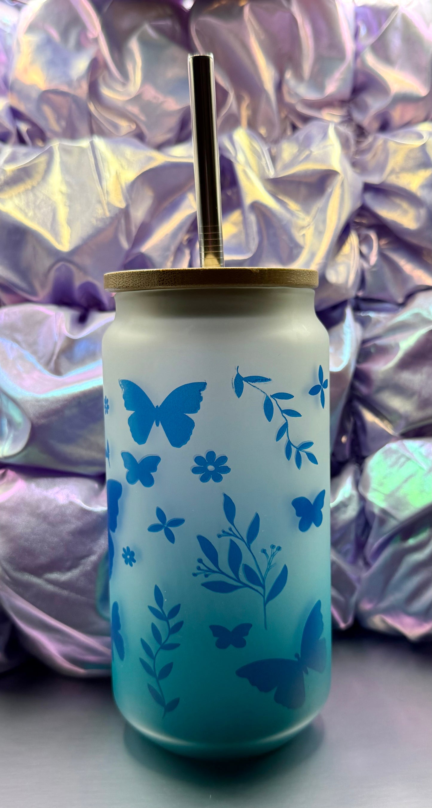 Teal Ombre Glass Can with Blue Butterflies – 16oz