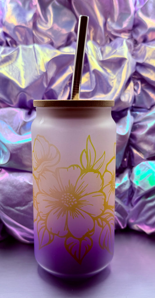Purple Ombre Glass Can w/Yellow Flowers - 16oz