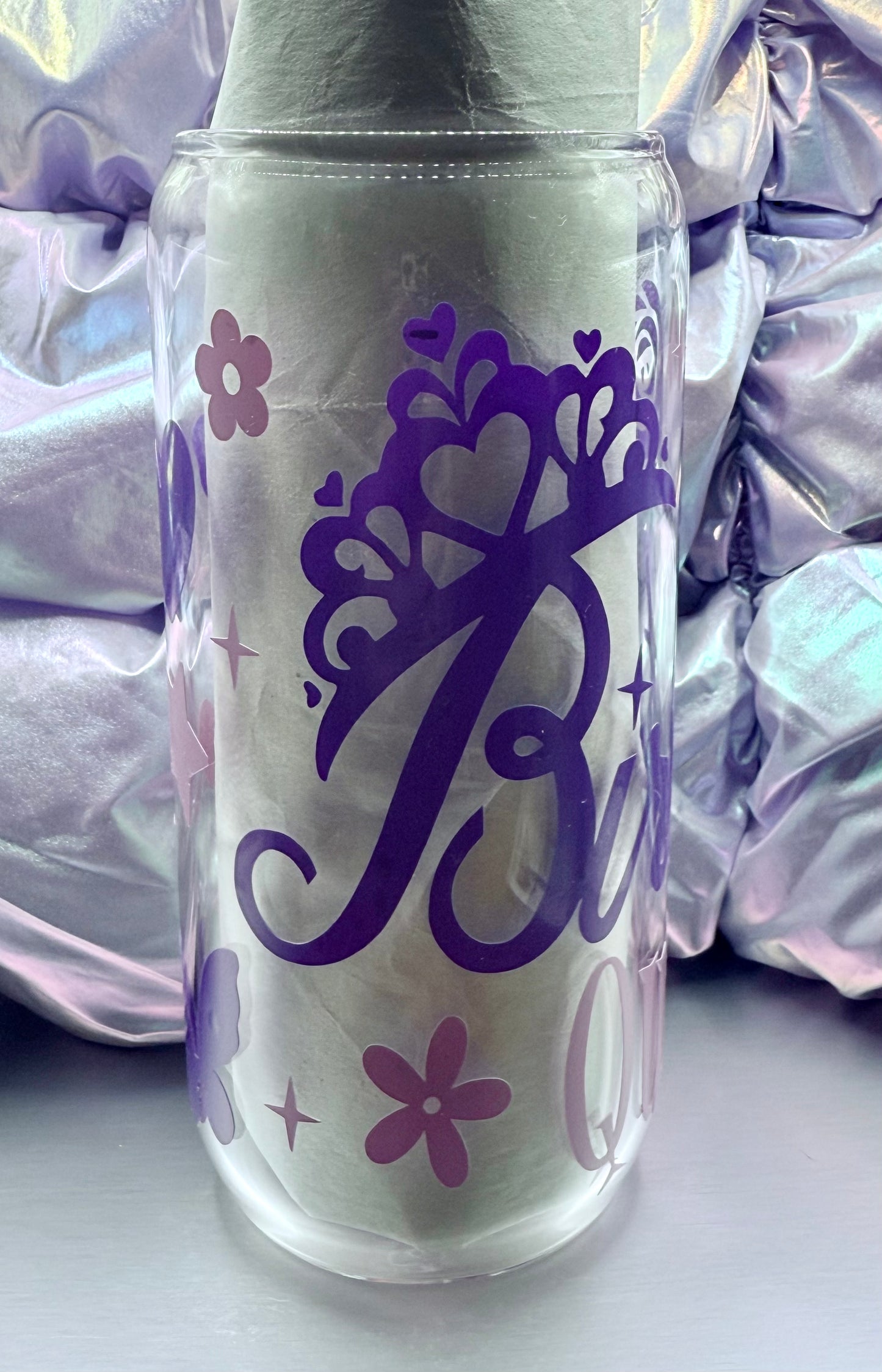 “Birthday Queen” Glass Can – 20oz w/bamboo lid and stainless steel straw