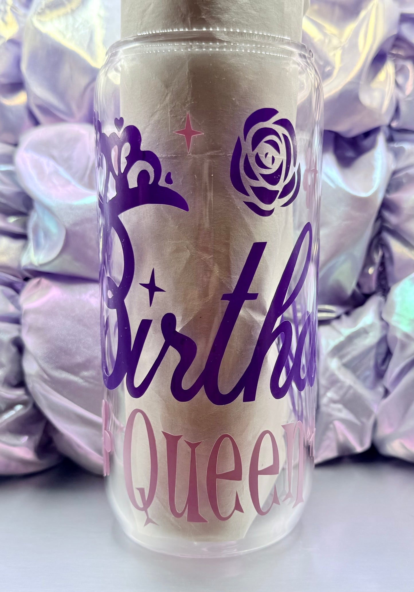 “Birthday Queen” Glass Can – 20oz w/bamboo lid and stainless steel straw