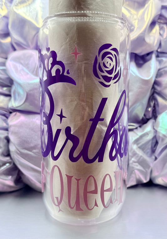 “Birthday Queen” Glass Can – 20oz w/bamboo lid and stainless steel straw