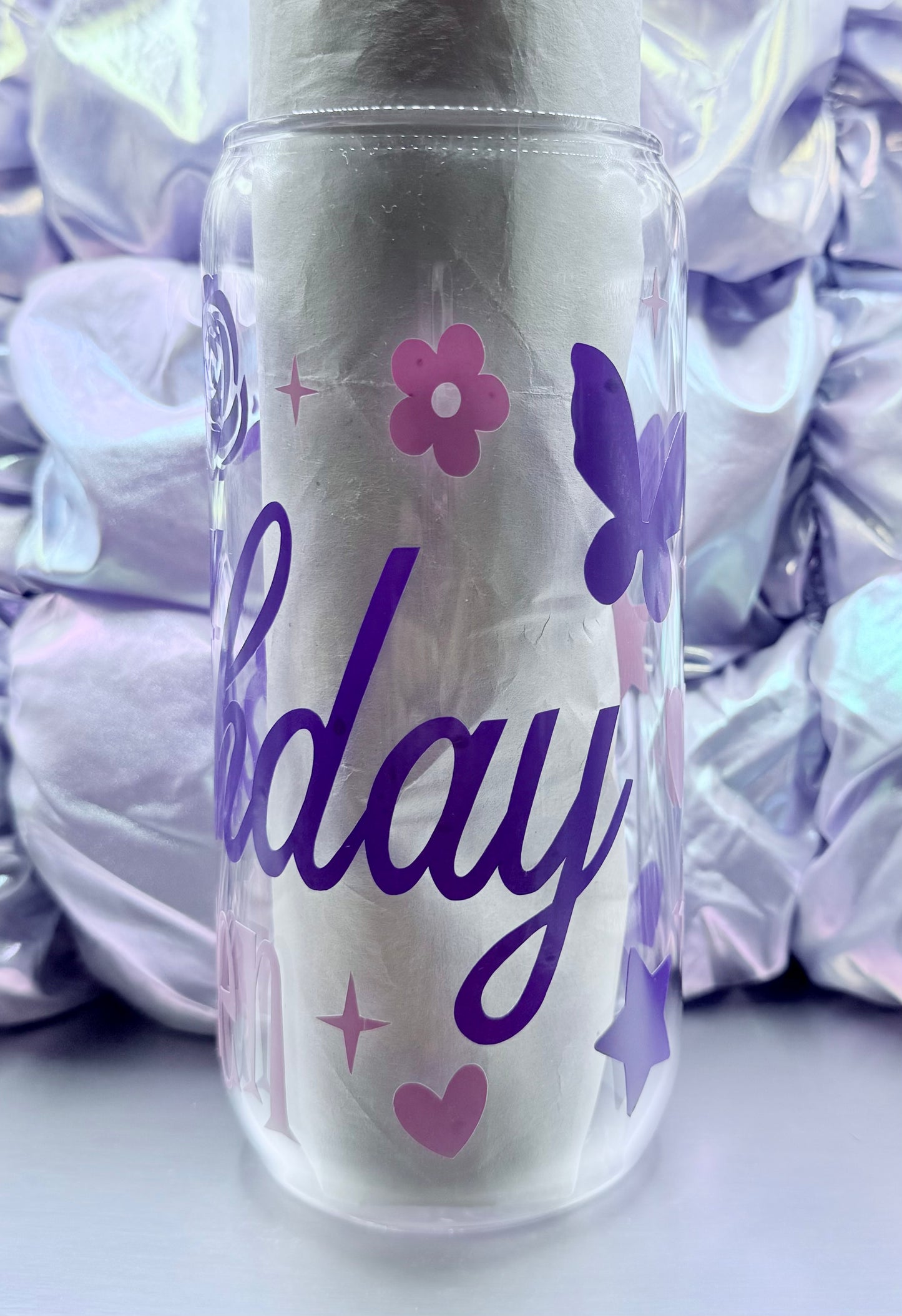 “Birthday Queen” Glass Can – 20oz w/bamboo lid and stainless steel straw