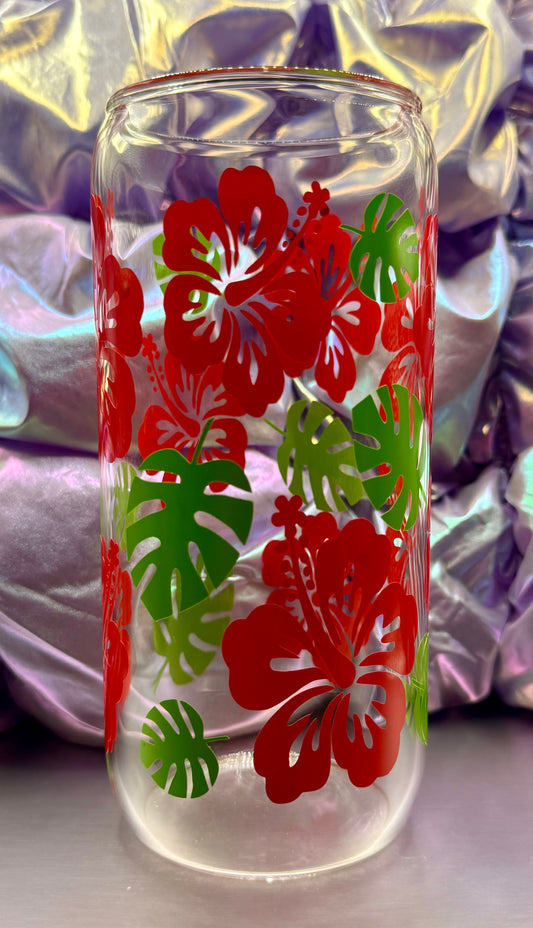 Hibiscus & Monstera Leaves Glass Can – 20oz