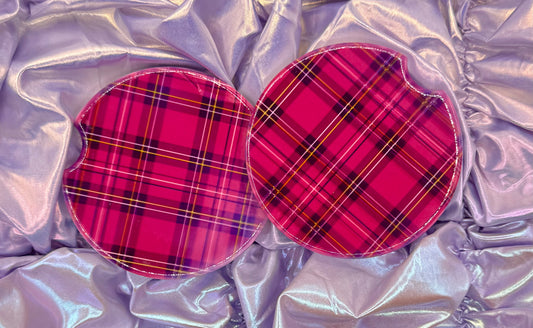 Fuschia Plaid Ceramic Car Coasters - (Set of 2)