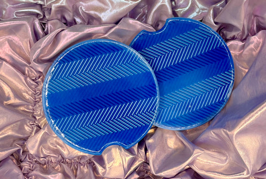 Blue Herringbone Ceramic Stripe Car Coasters - (Set of 2)