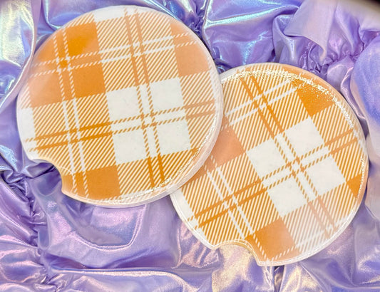 Camel Plaid Ceramic Car Coasters - (Set of 2)