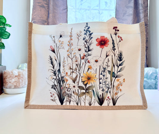 Wildflowers Burlap Tote Bag - Stylish, Strong, Reusable