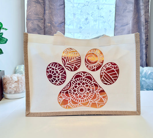 Holographic Paw Mandala Burlap Tote – For Pet Lovers with Style
