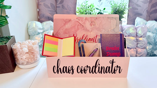 "Chaos Coordinator" Desk Organizer – Because You’re the One Holding It All Together (Pink w/Black Glittered Lettering)