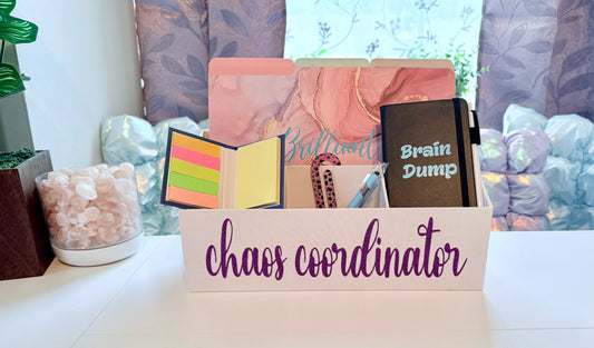 "Chaos Coordinator" Desk Organizer – Because You’re the One Holding It All Together (White w/Purple Glittered Lettering)
