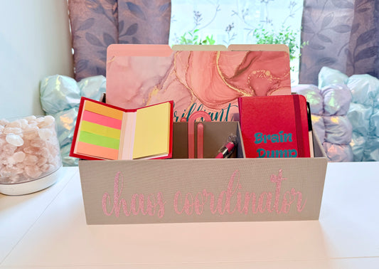 "Chaos Coordinator" Desk Organizer – Because You’re the One Holding It All Together (Gray w/Pink Glittered Lettering)