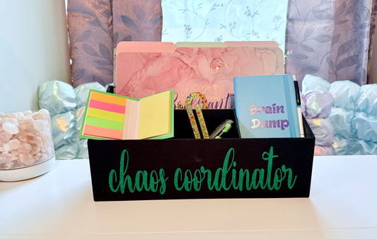 "Chaos Coordinator" Desk Organizer – Because You’re the One Holding It All Together (Black w/Green Glittered Lettering)