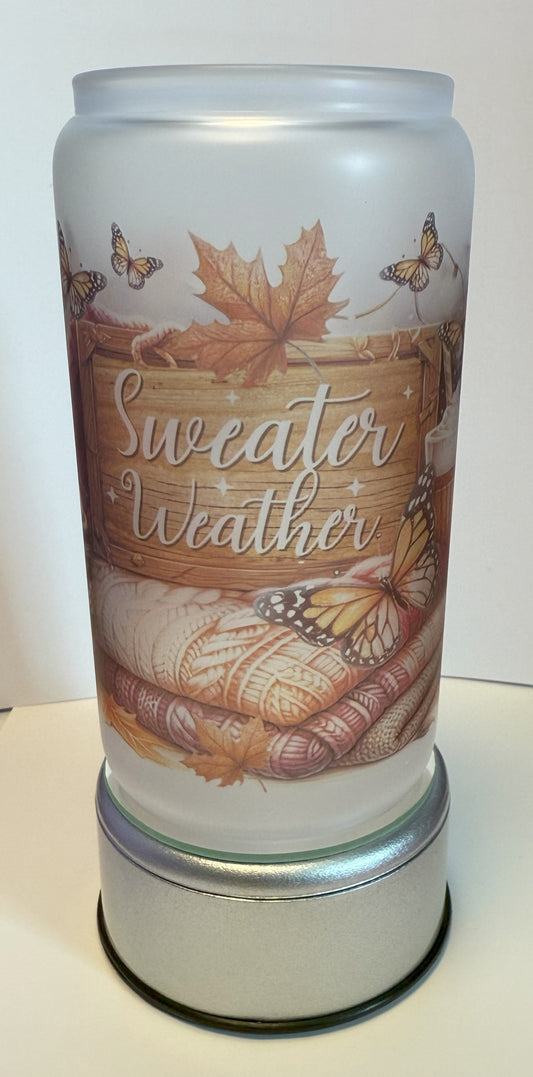 “Sweater Weather” Frosted Glass Can with Bamboo Lid & Glass Straw – 16oz