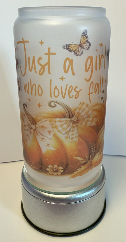 “Just a Girl Who Loves Fall” Frosted Glass Can with Bamboo Lid & Glass Straw – 16oz