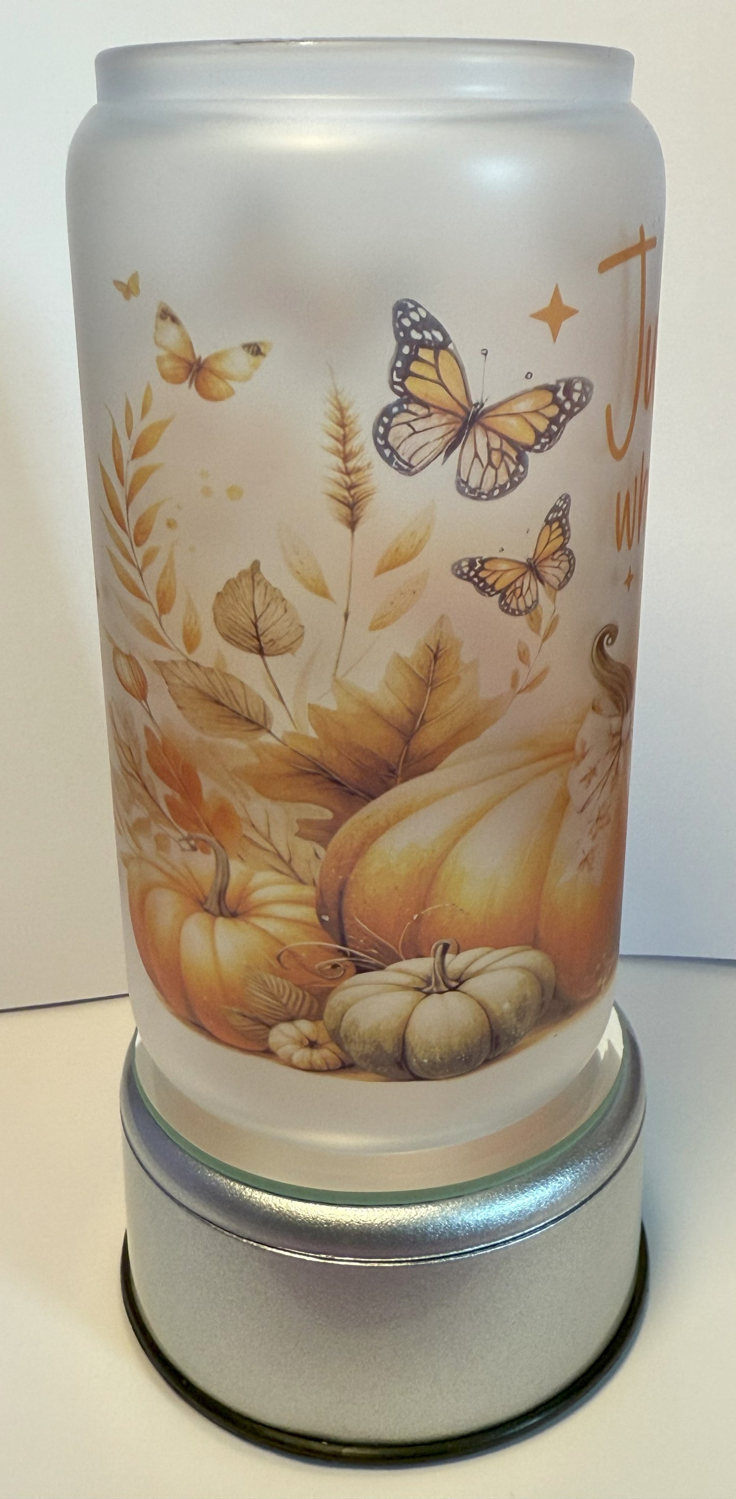 “Just a Girl Who Loves Fall” Frosted Glass Can with Bamboo Lid & Glass Straw – 16oz