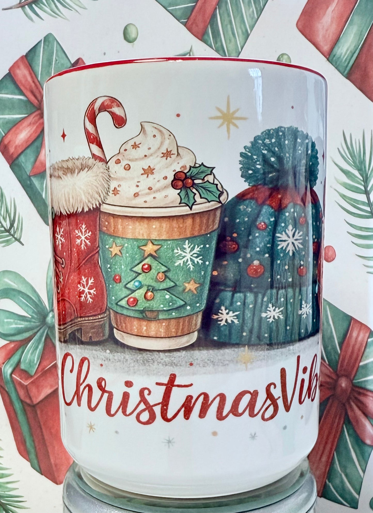 Christmas Vibes Mug – 15 oz (Red interior, red handle)