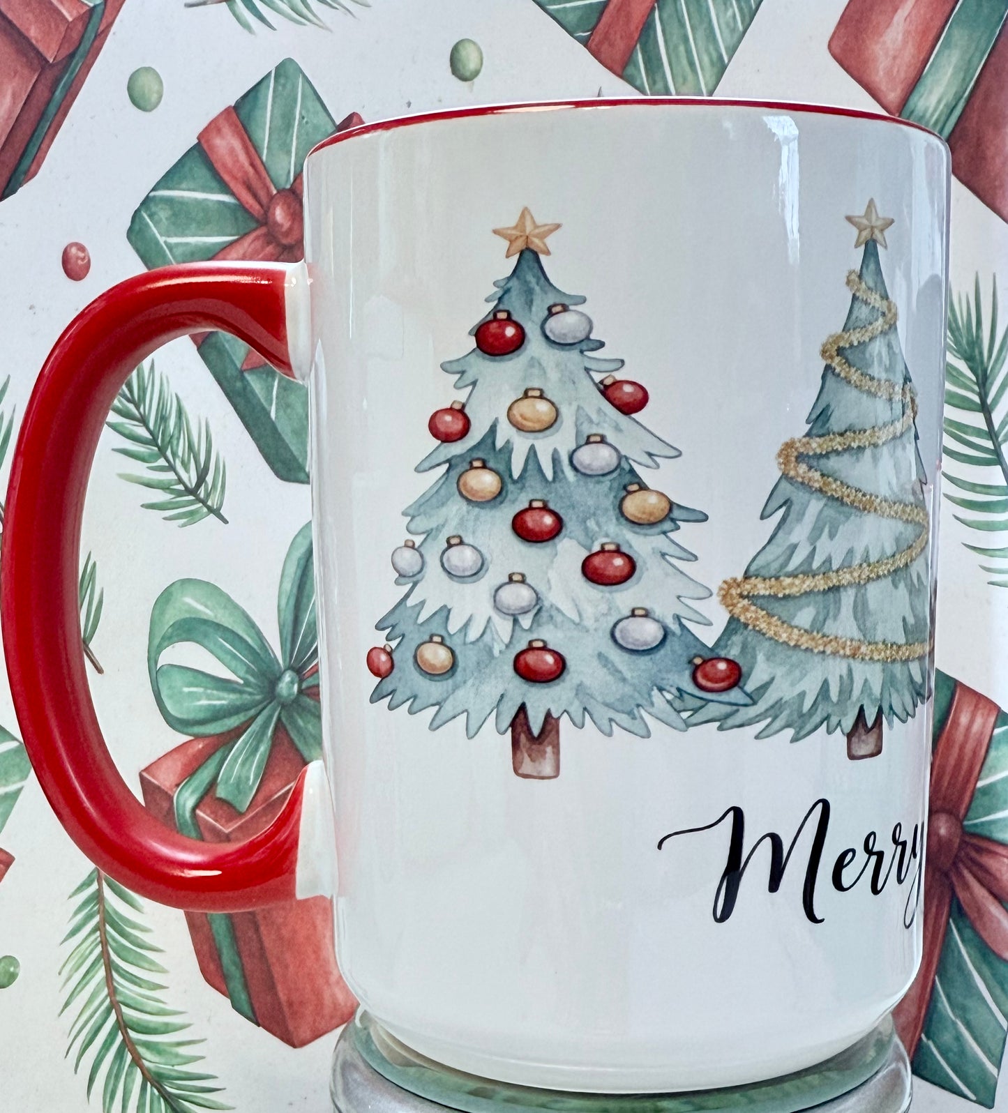 Merry Christmas Watercolor Trees Mug – 15 oz (Red interior, red handle)