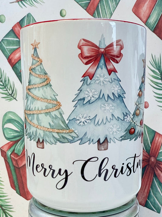 Merry Christmas Watercolor Trees Mug – 15 oz (Red interior, red handle)
