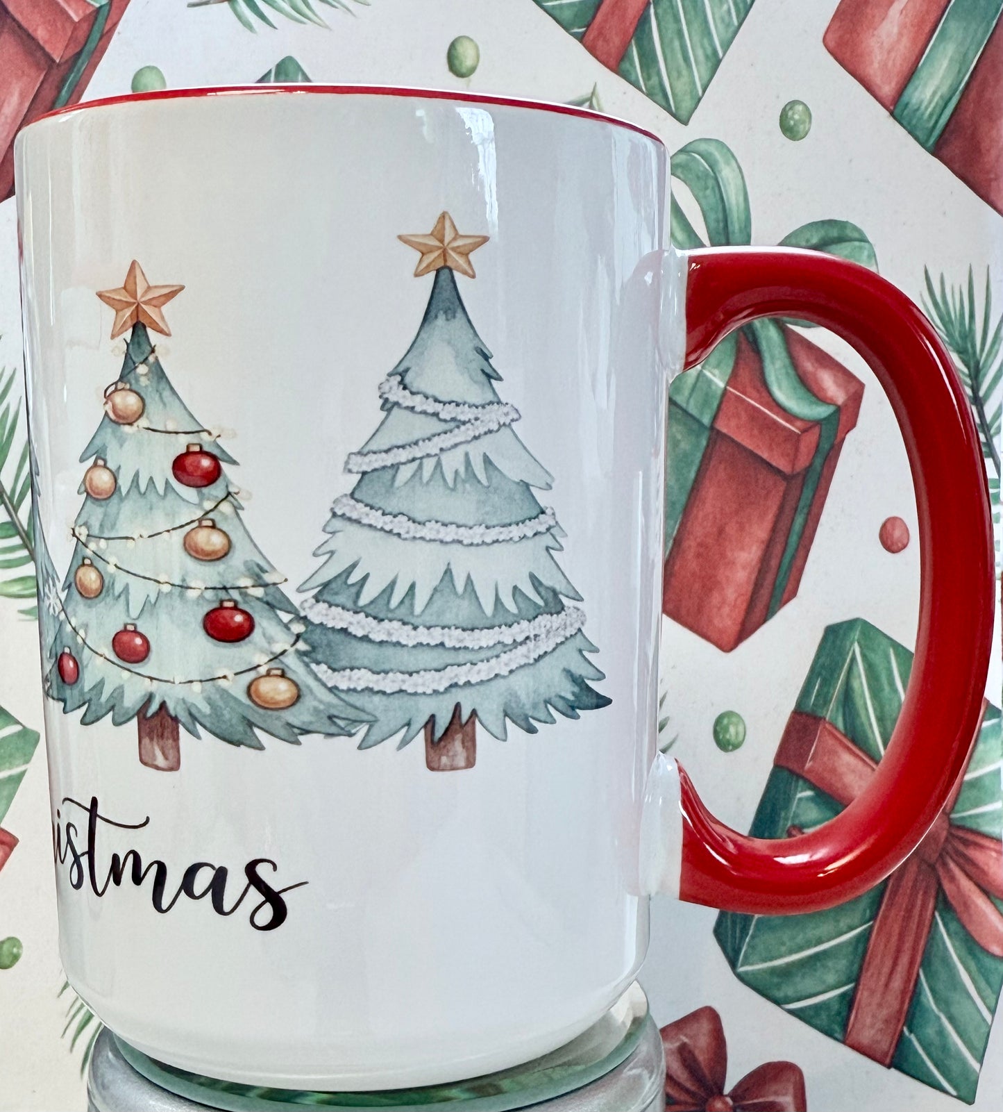 Merry Christmas Watercolor Trees Mug – 15 oz (Red interior, red handle)