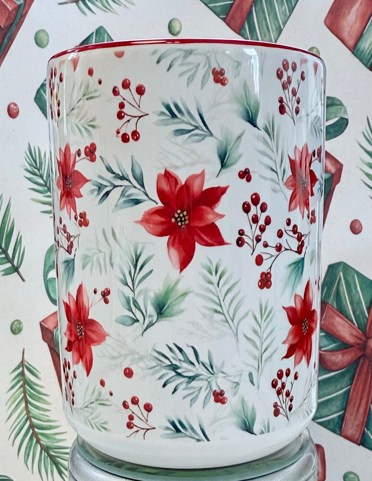 Poinsettia & Holly Berries Mug – 15 oz (Red interior, red handle)